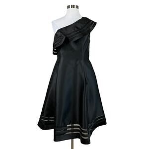 Adrianna Papell One Shoulder Ruffled A-Line Midi Cocktail Dress Black Size 8